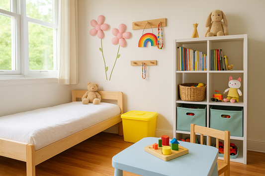 Wide thumbnail of a bright kids’ bedroom with shelves, foldable bins, and organized toys – NeatNest
