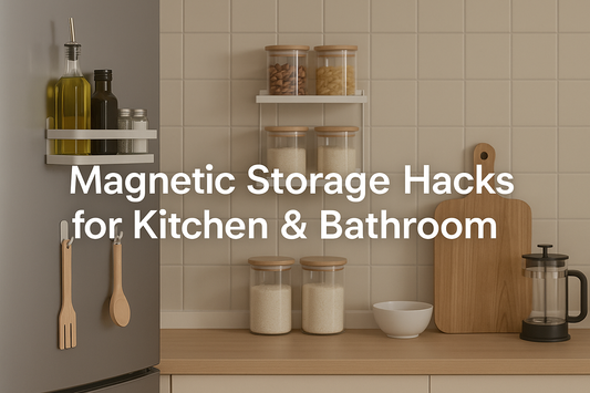 A wide kitchen countertop layout showcasing magnetic spice racks, oils, and a clean, modern sink area, emphasizing magnetic storage hacks.