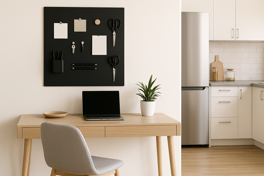 Wide thumbnail of a modern home office with magnetic board and adjacent minimalist kitchen – NeatNest
