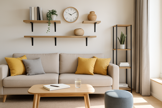 Living room with wall-mounted shelves, storage furniture, and minimalist decor – NeatNest