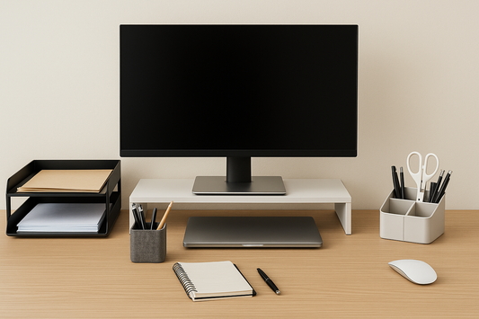 Wide thumbnail of a modern organized desk with monitor riser, file tray, and accessories – NeatNest