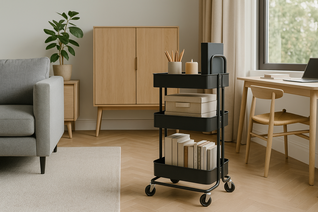 Wide thumbnail of a modern living room and office corner with a black rolling cart for versatile storage – NeatNest