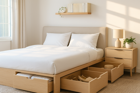 Wide minimalist bedroom with under-bed storage drawers and wall-mounted shelf – NeatNest