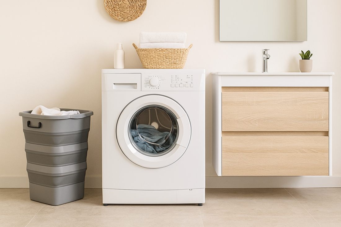 Wide laundry room with collapsible hamper, washing machine, and wicker basket for organized laundry storage – NeatNest