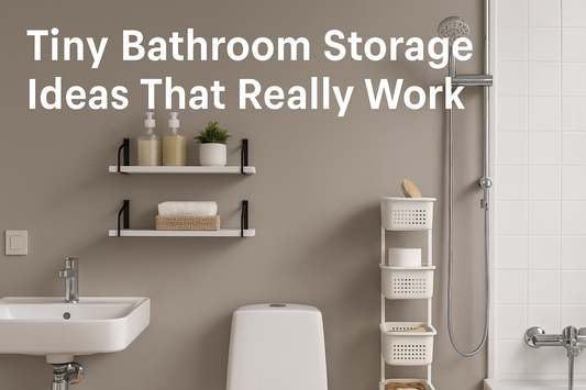 A compact modern bathroom with wall-mounted shelves and slim organizers, featuring NeatNest storage solutions for tiny bathroom spaces.