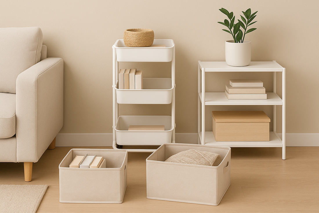 Modern living room corner featuring foldable bins, rolling storage carts, and stackable shelves as portable storage solutions