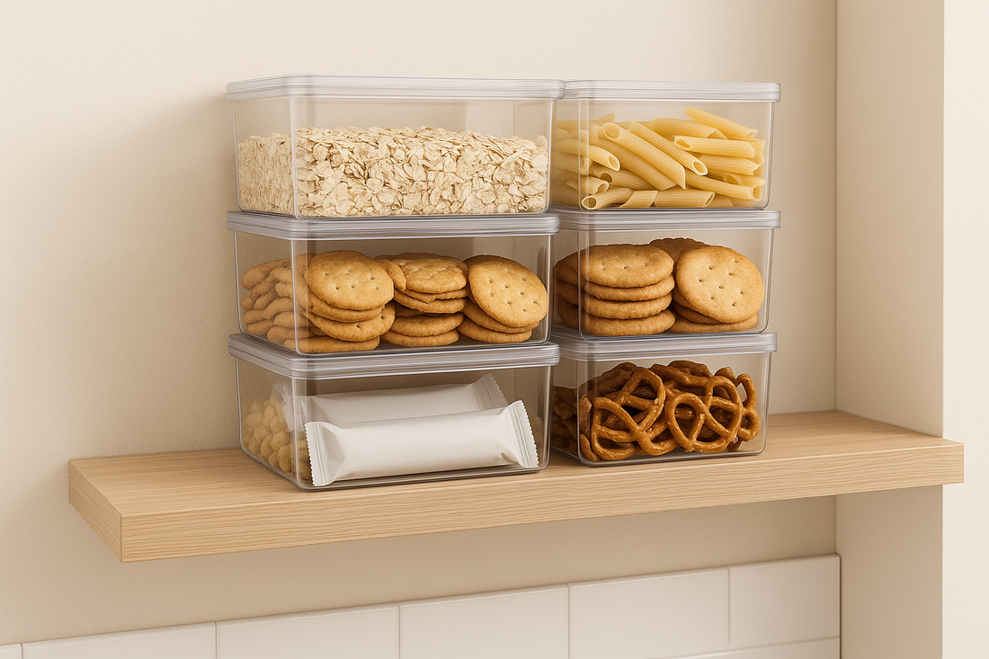 Pantry shelf with neatly stacked clear bins storing grains, pasta, and snacks for freshness and organization