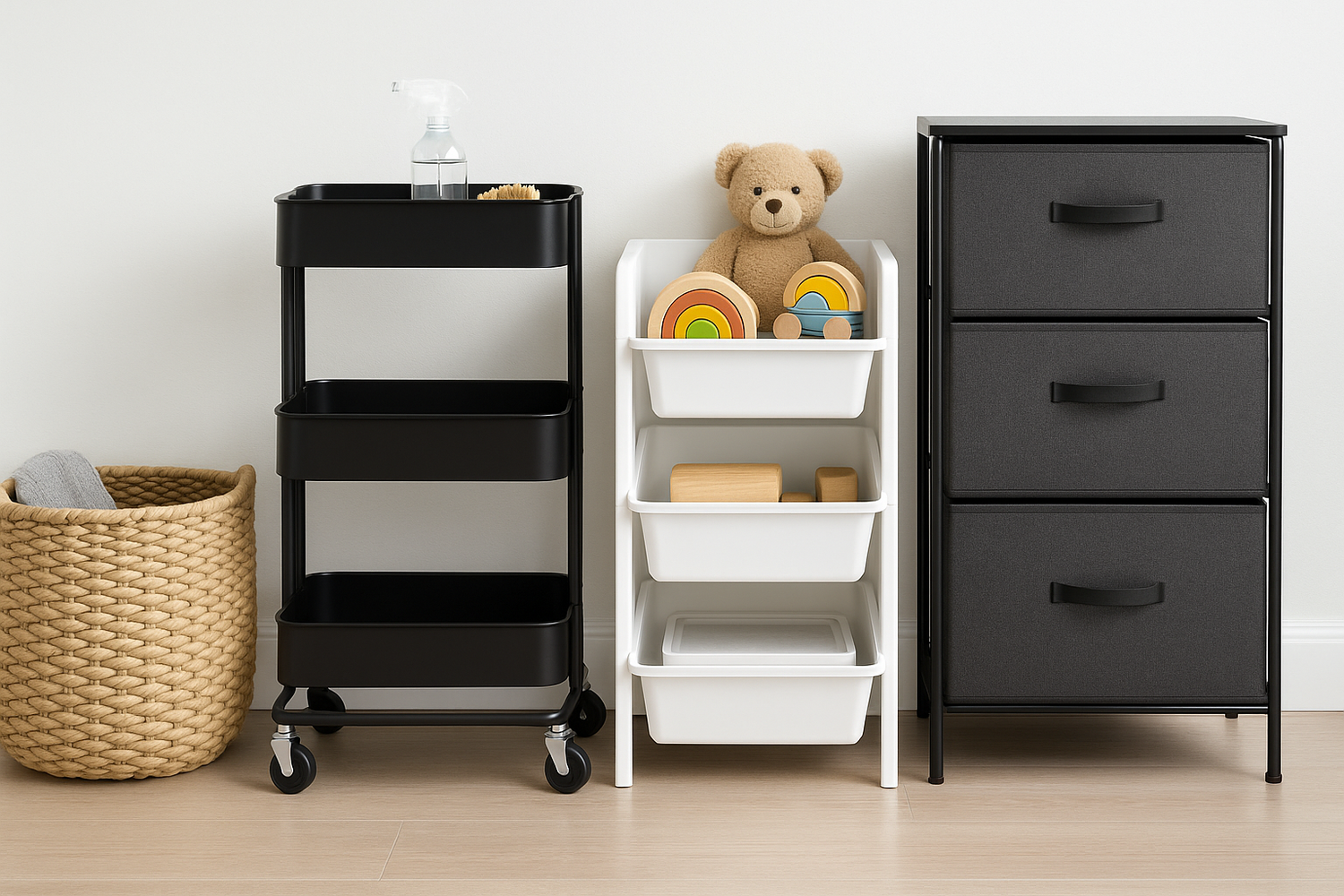 NeatNest best sellers including woven basket, rolling cart, toy organizer, and fabric drawer unit for home organization
