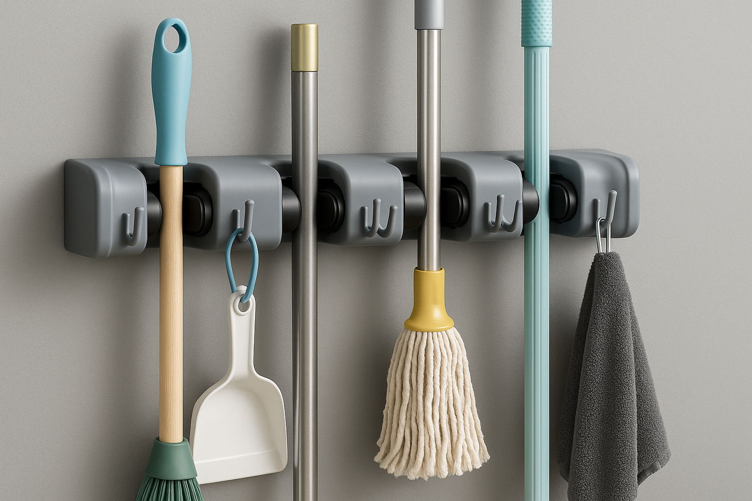 NeatNest broom and mop holders wall-mounted to keep cleaning tools organized and floors clutter-free
