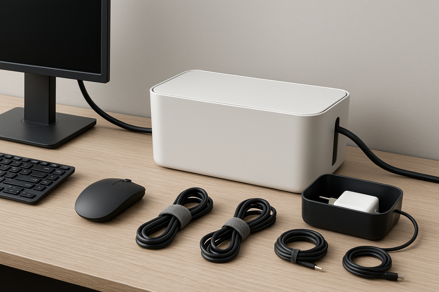 NeatNest cable organizers with a sleek box and straps keeping cords neat and safe in a modern home office setup