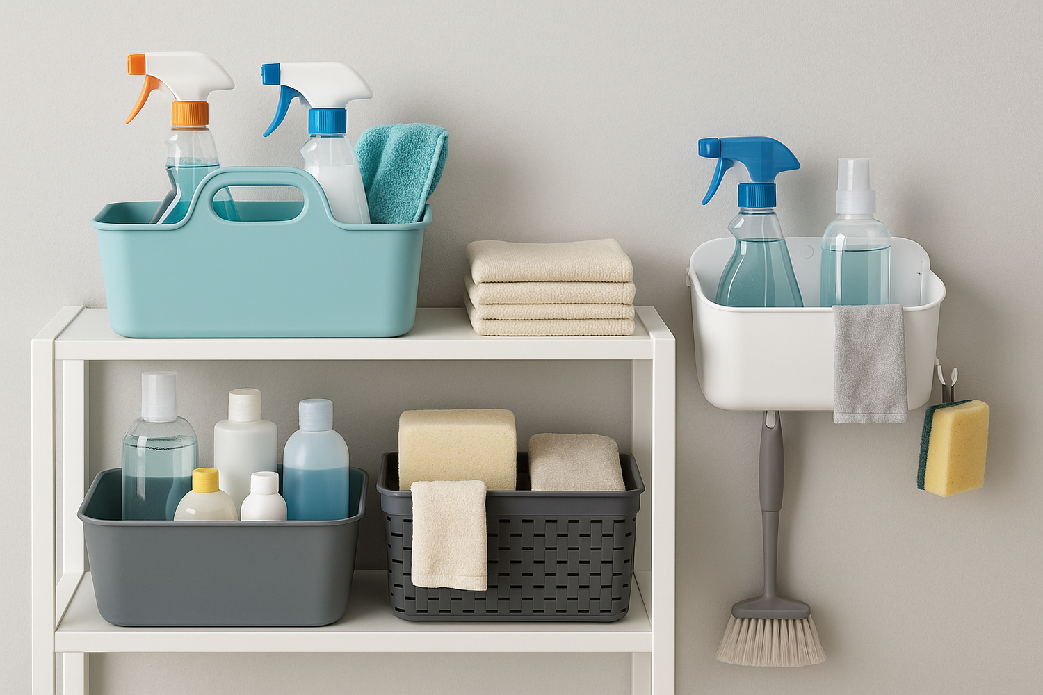 NeatNest cleaning storage with bins, racks, and caddies organizing sprays, sponges, and cloths in a utility room