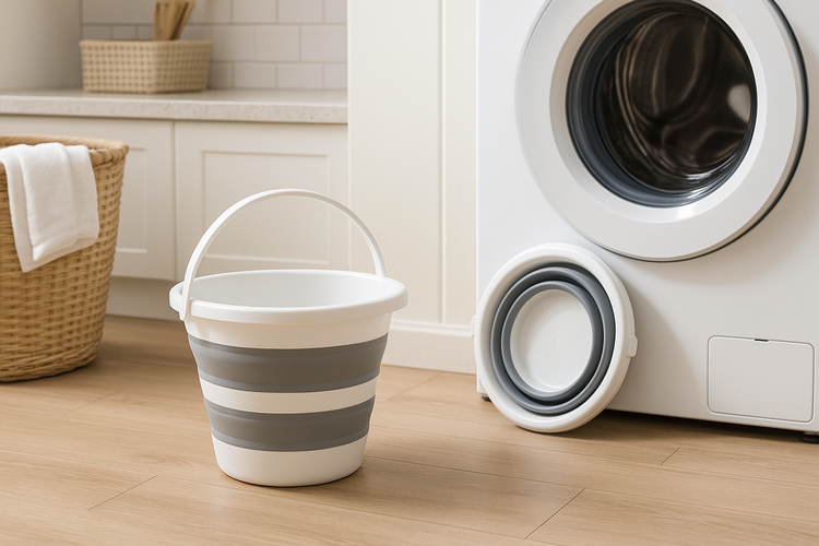 NeatNest collapsible buckets in a modern laundry room, foldable and waterproof for space-saving storage