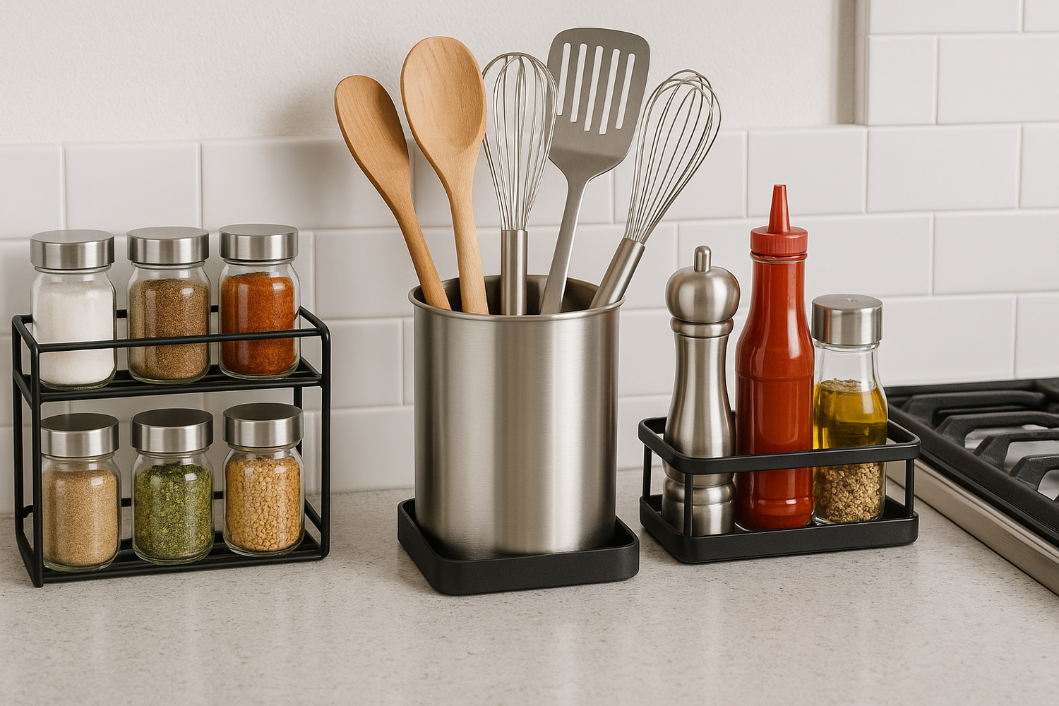 NeatNest countertop organizers with clear spice jars, utensil holder, and condiment caddy for a tidy kitchen