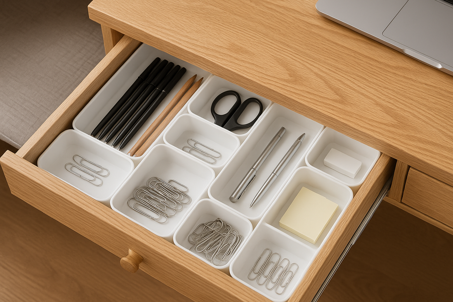 NeatNest desk drawer organizers with compartment trays neatly storing pens, clips, scissors, and office essentials