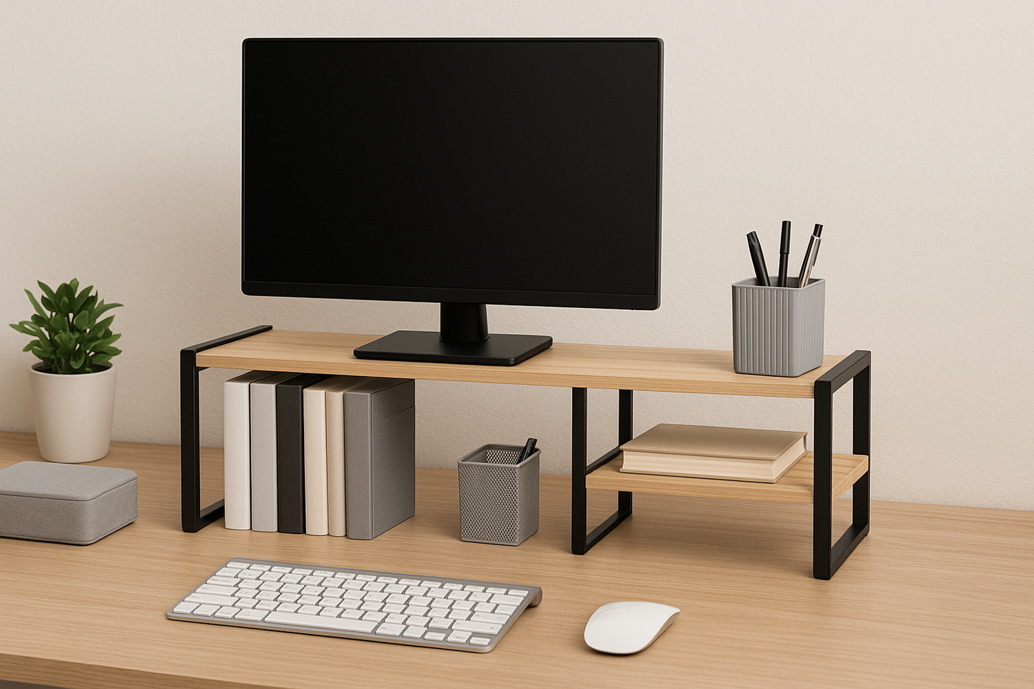 NeatNest desktop shelves elevating a monitor and storing books, stationery, and plants for an organized workspace