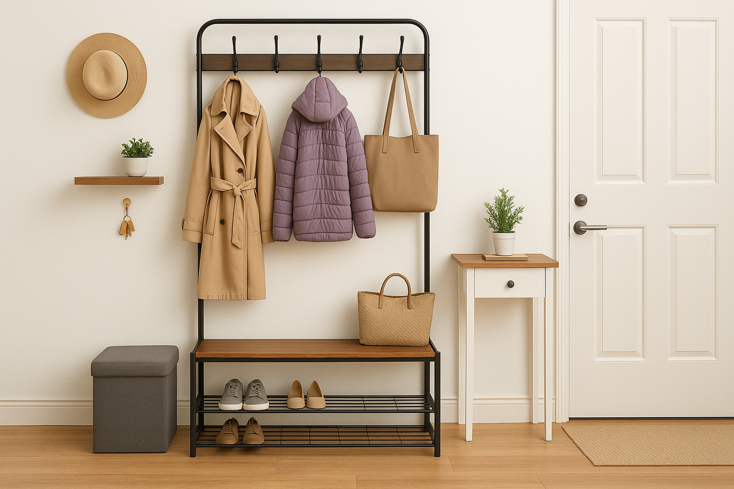 NeatNest entryway organizer with bench, hooks, and shoe racks creating a tidy and welcoming doorway