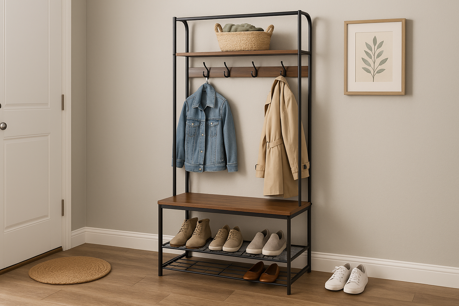 NeatNest entryway rack with hooks, shelves, and bench keeping shoes and coats neatly organized
