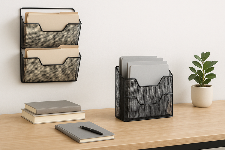 NeatNest file holders wall-mounted and desktop style keeping paperwork organized in a modern office workspace