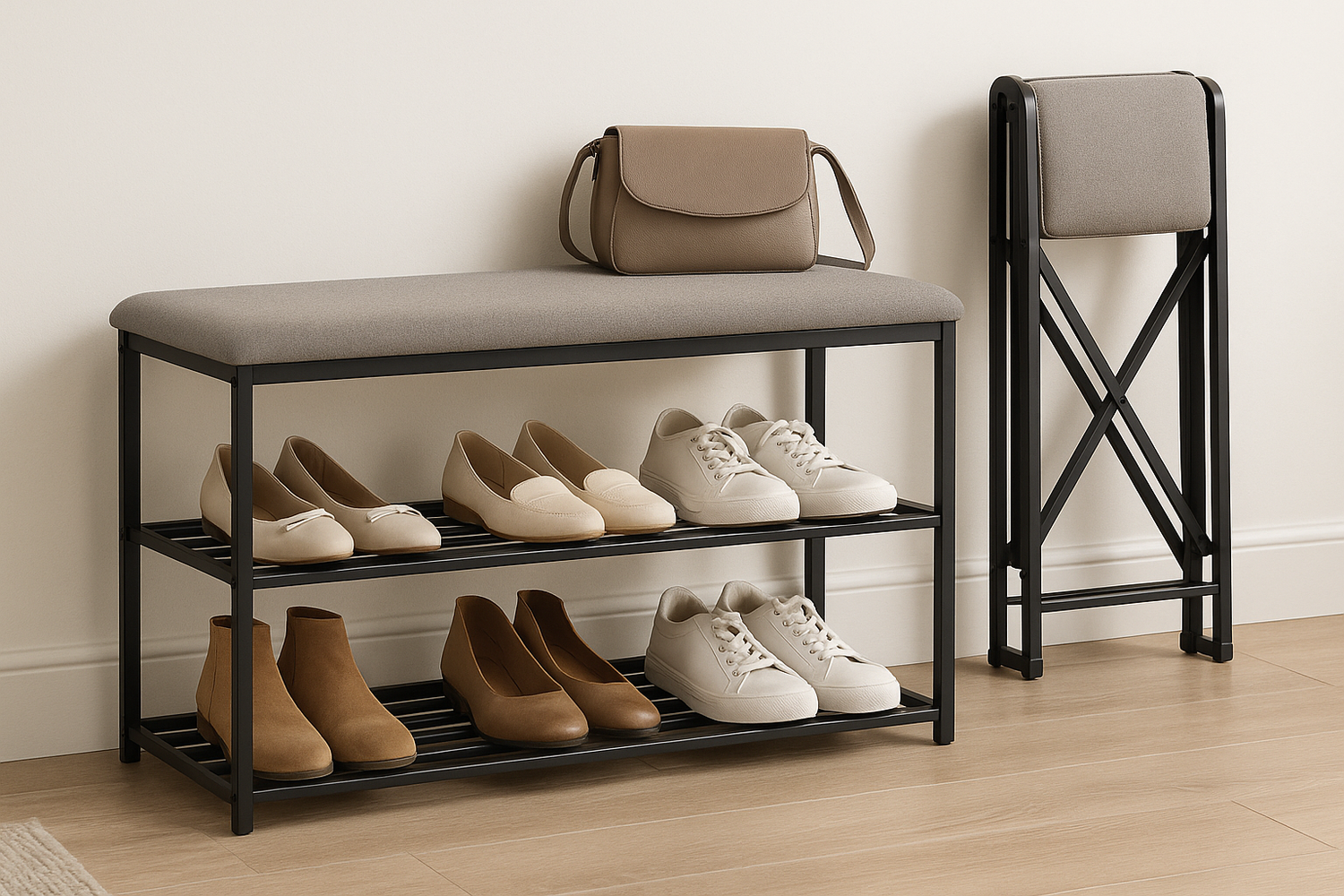 NeatNest foldable shoe bench combining seating and storage, compact and space-saving for entryways or small homes
