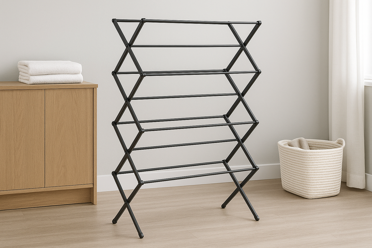 NeatNest folding rack in a modern home, versatile for drying clothes or extra storage with a space-saving design