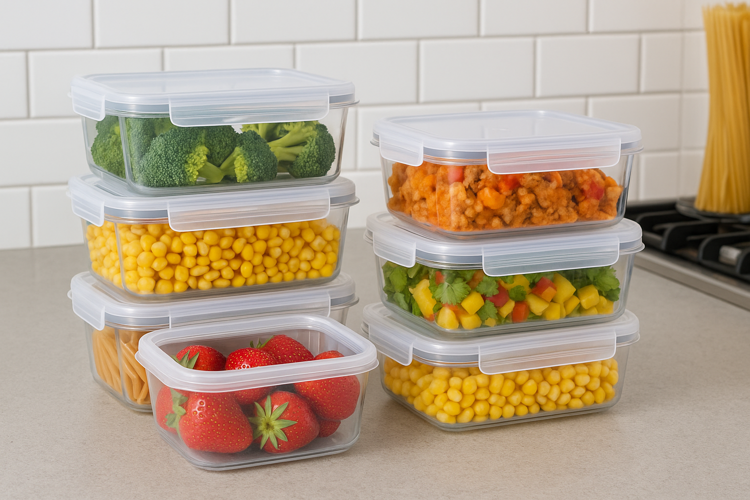 NeatNest food containers with airtight lids stacking neatly to store fresh meals, leftovers, and bulk ingredients