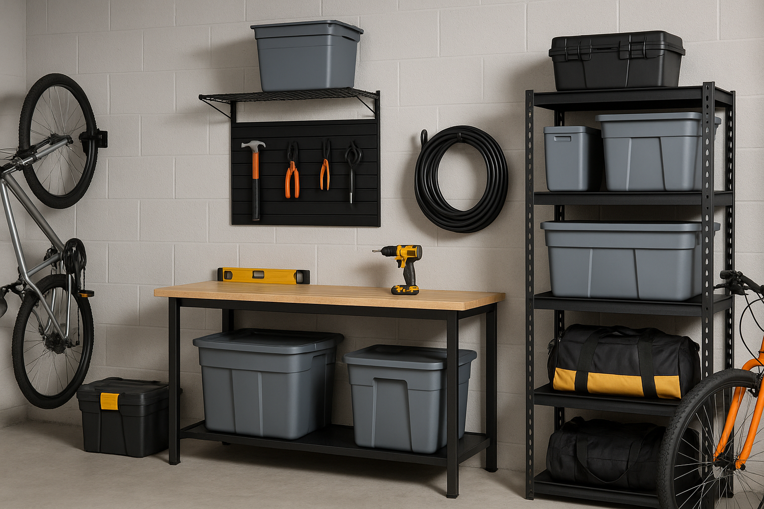 NeatNest garage storage with wall-mounted racks, shelves, and bins creating a clutter-free functional space