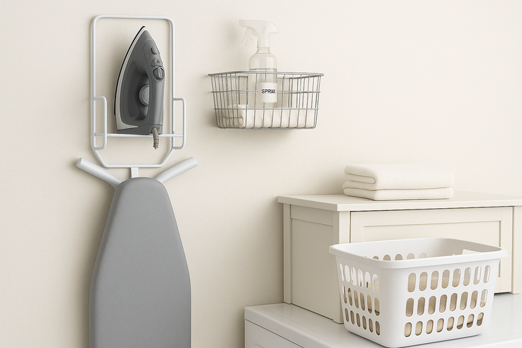 NeatNest wall-mounted ironing board organizer with iron and spray storage saving space in a modern laundry room