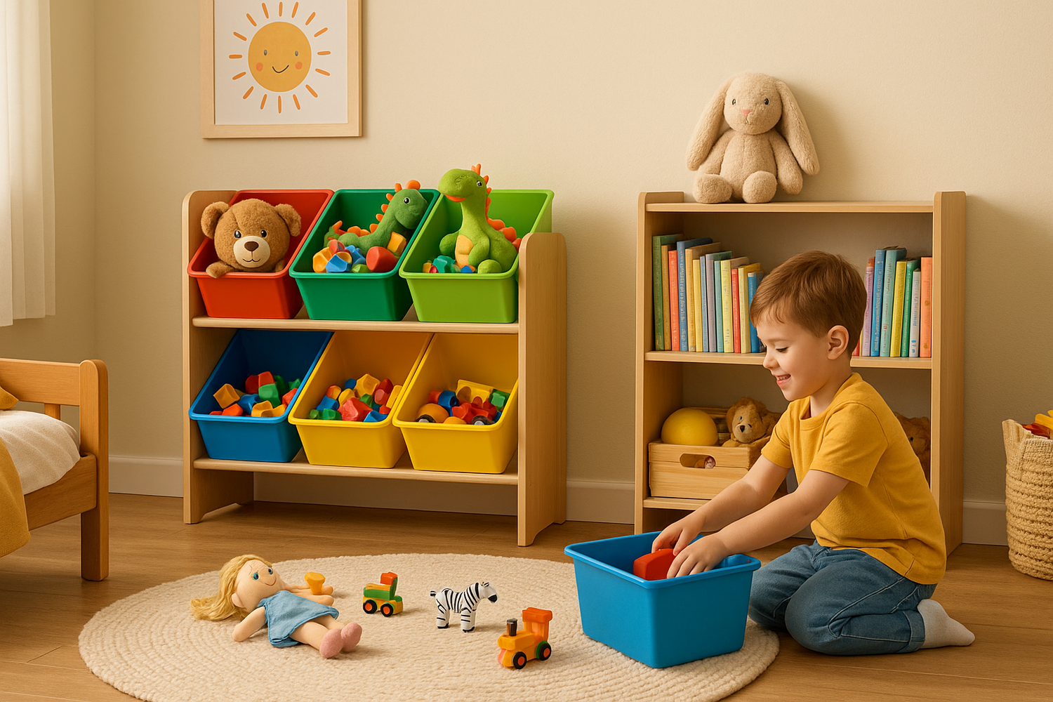NeatNest kids’ organizers with colorful bins and shelves creating a tidy, cheerful playroom