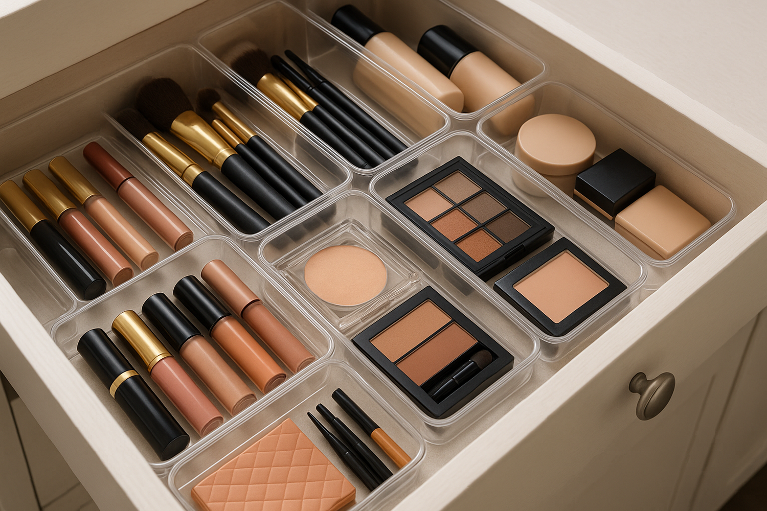 NeatNest makeup drawer organizers with clear trays keeping lipsticks, brushes, and palettes neatly arranged