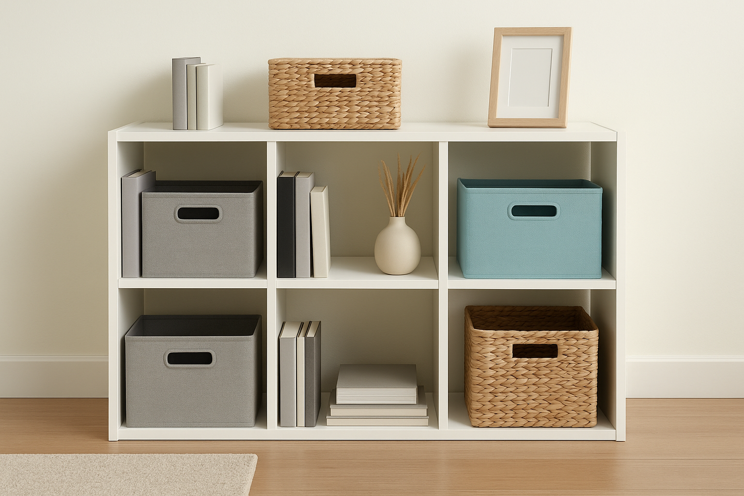 NeatNest modular cube storage stacked with books, baskets, and bins for flexible organization in a modern room