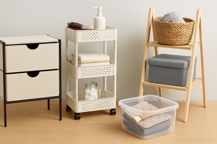 NeatNest new arrivals with rolling cart, fabric drawers, woven basket, and stackable bins for modern home organization