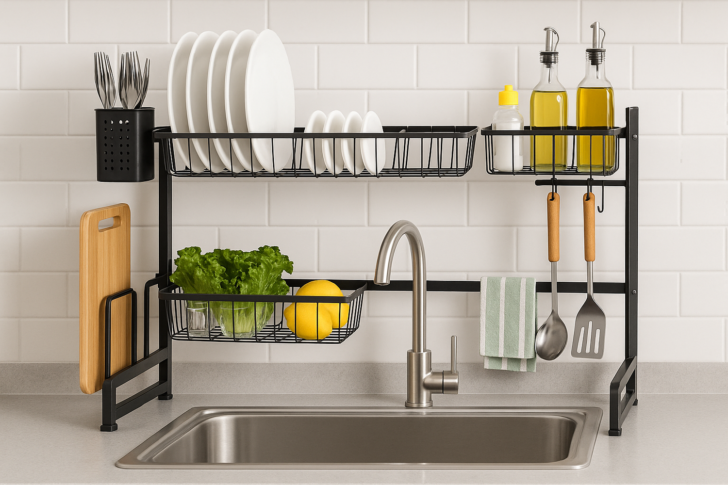 NeatNest over-the-sink rack holding dishes, utensils, and produce to save counter space in a modern kitchen