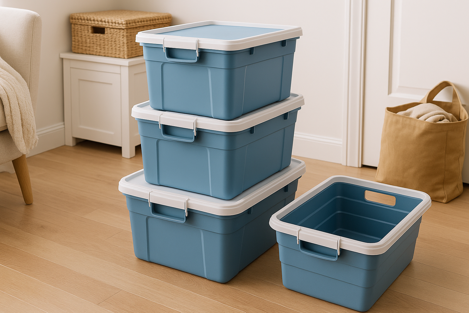 NeatNest portable storage boxes stacked in a modern room, lightweight and foldable for toys, clothes, or travel use