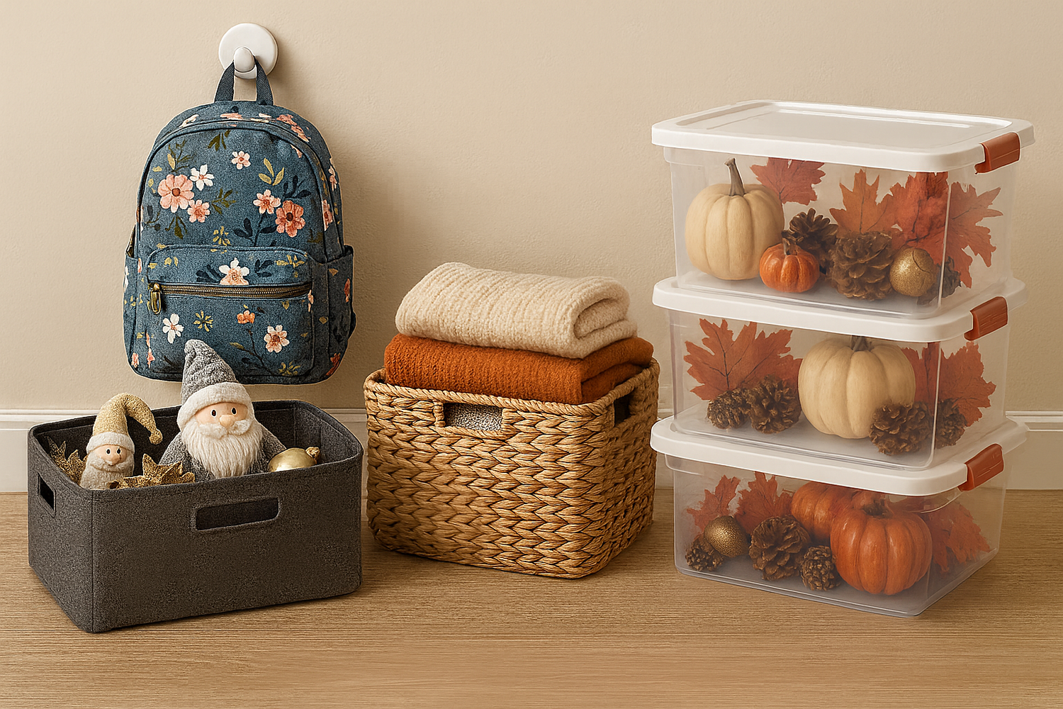 NeatNest seasonal storage with decorative bins, woven basket, and clear boxes neatly organizing festive items