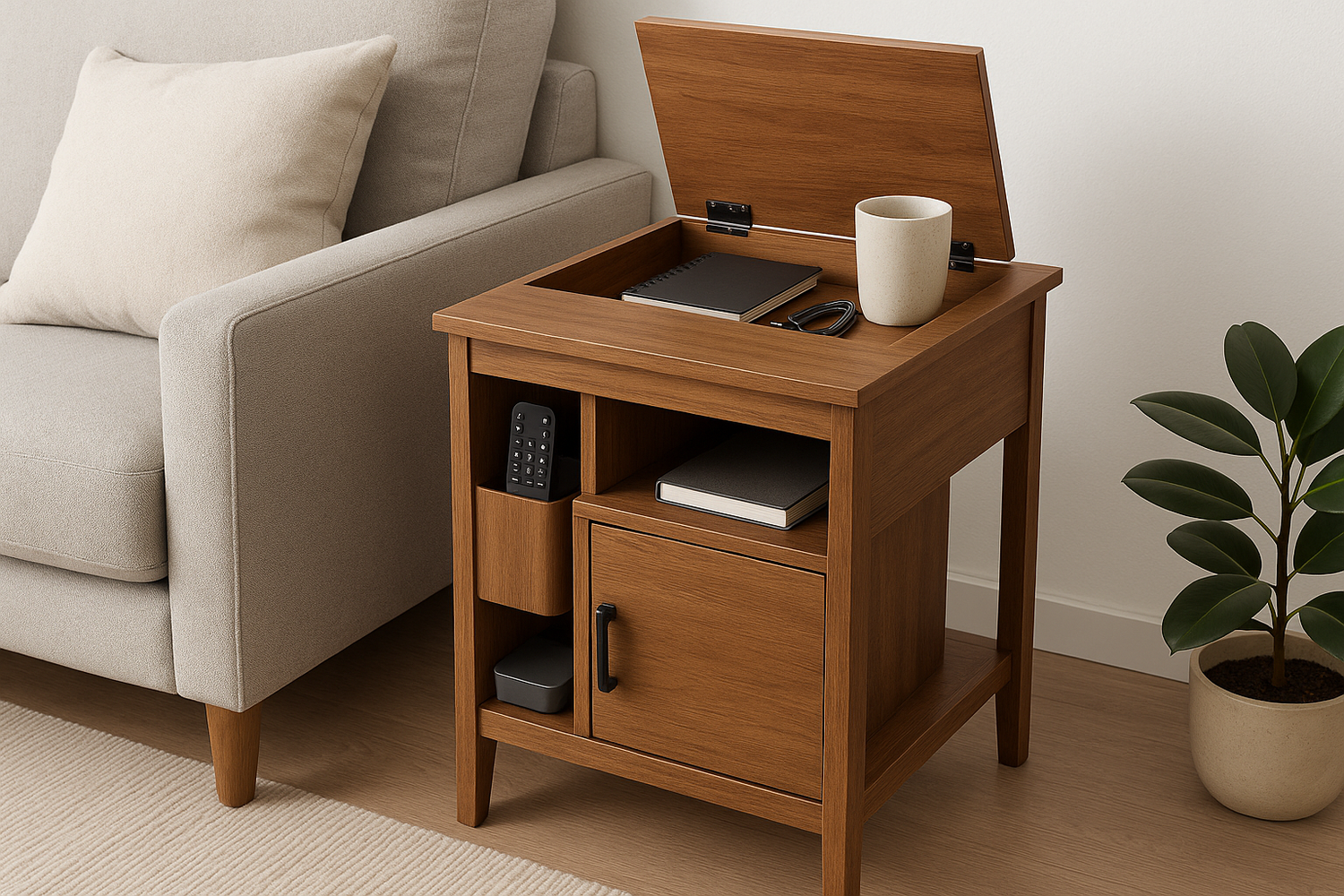 NeatNest side table with hidden compartments storing remotes, books, and chargers beside a modern sofa