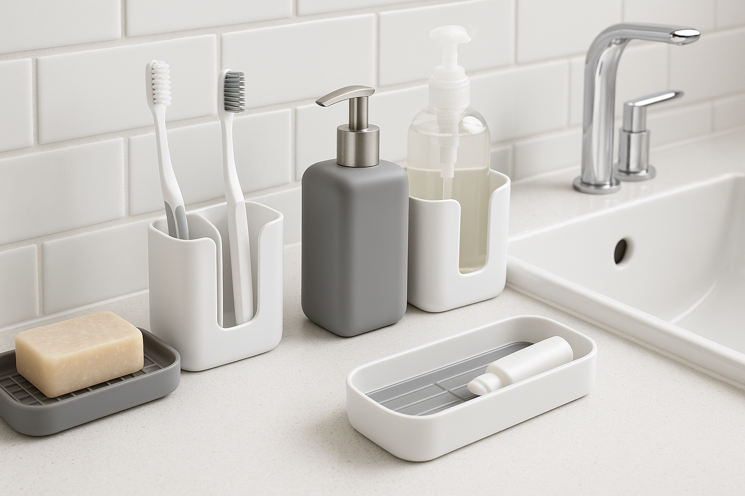 NeatNest soap organizers with trays and holders keeping soap bars, pumps, and bottles neatly arranged on a modern bathroom sink
