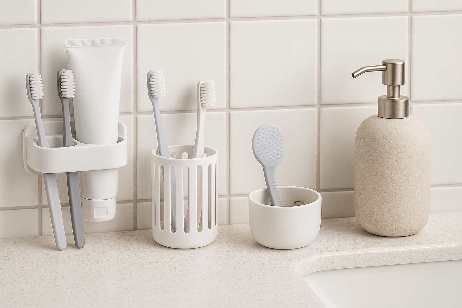 NeatNest toothbrush holders wall-mounted and countertop style with hygienic, well-shaped brushes in a modern bathroom
