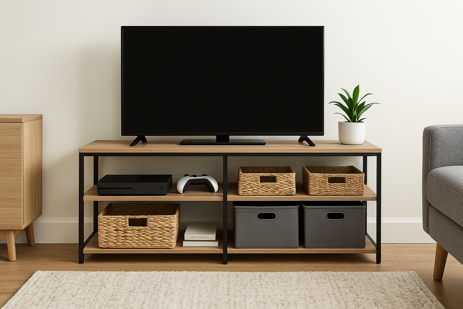 NeatNest TV and media organizer with shelves and baskets keeping consoles, remotes, and cables neatly stored
