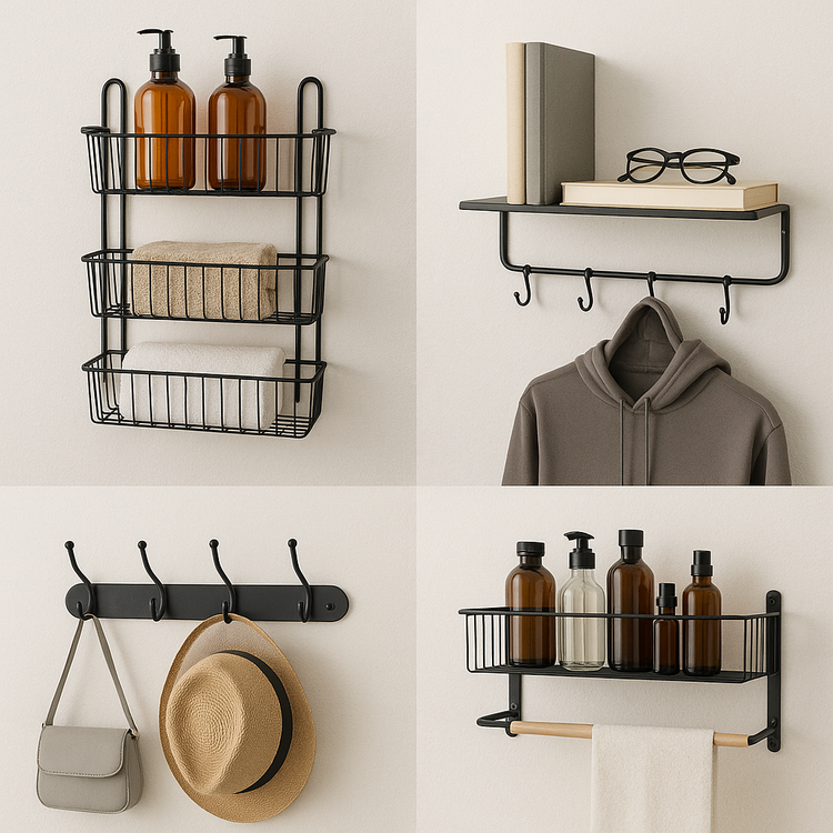 Wooden and metal wall-mounted storage racks