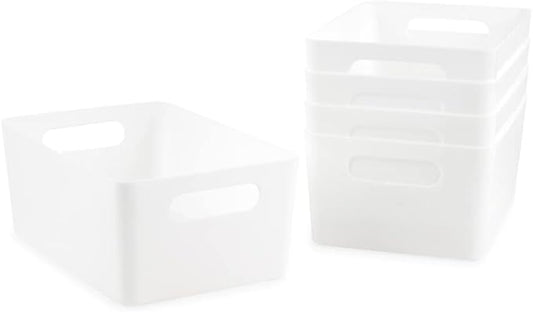 Isaac Jacobs 5-Pack Medium White Storage Bin (9.5” x 6.5”x 4”) Set w/Cut-Out Handles, Plastic Organizer, Multi-Use, Home, Office, Pantry, Closet, Kitchen