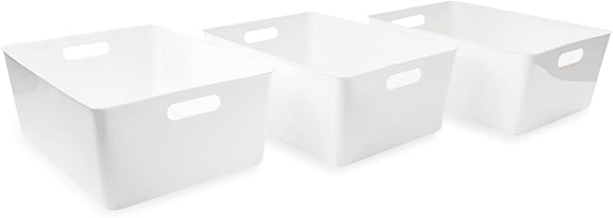 Isaac Jacobs 3-Pack XL White Storage Bin (13.9” x 10.6” x 5.75”) Set w/Cut-Out Handles, Plastic Organizer, Multi-Use, Home, Office, Pantry, Closet, Kitchen