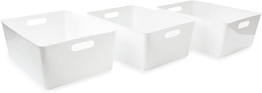 Isaac Jacobs 3-Pack XL White Storage Bin (13.9” x 10.6” x 5.75”) Set w/Cut-Out Handles, Plastic Organizer, Multi-Use, Home, Office, Pantry, Closet, Kitchen