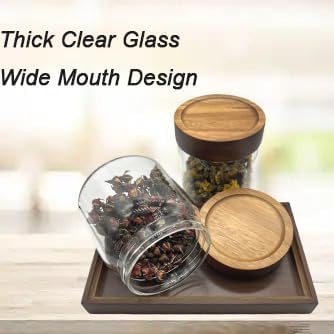 Clear Glass Storage Canister with Airtight Wooden Screw Lid 25oz/750g 2 PACK with Tray,Decorative Container Jar for Coffee,Spice,Candy,Salt,Cookie,Condiment,Pepper,Sugar,Overnight Oatmeal-NeatNest