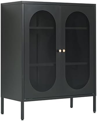 2 Doors Locker Metal Storage Cabinet, Storage Cabinet with Legs, Buffet Cabinet with Adjustable Shelves for Home, Office, Entryway and Hallway (Mesh Door Cabinet, Black)