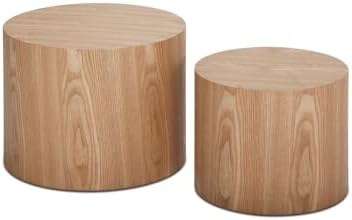 2-Piece Round Nesting Coffee Table, Circle End Table Wood Accent Table, Minimalist Side Table Set for Small Spaces, Living Room, Apartment(Oak)