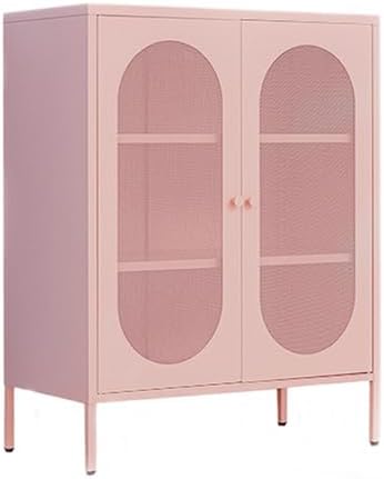 2 Doors Locker Metal Storage Cabinet, Storage Cabinet with Legs, Buffet Cabinet with Adjustable Shelves for Home, Office, Entryway and Hallway (Mesh Door Cabinet, Pink)