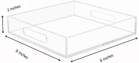 Clear Sturdy Acrylic Tray with Handles-8"x8"x2"H-Countertop Organizer Tray for Kitchen,Bathroom,Office- Storage Box for Cosmetics, Jewelry,Toiletries,Toy,Gadgets-NeatNest