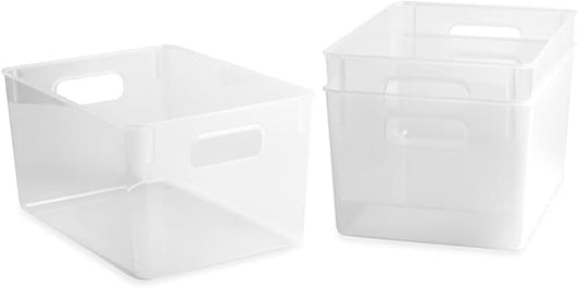Isaac Jacobs 3-Pack Large Clear Storage Bins (11” L x 8” W x 6” H) with Cutout Handles, Plastic Organizer for Home, Office, Kitchen, Fridge/Freezer, Drawers, BPA Free, Food Safe (3-Pack, Large)
