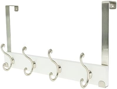 creathome Dual-Purpose Wooden Hanger with 4 Ring Hooks White Color, Behind/Over The Door Towel Rack for Bathroom, Heavy Duty Wall Mounted Coat Rack, No Drilling