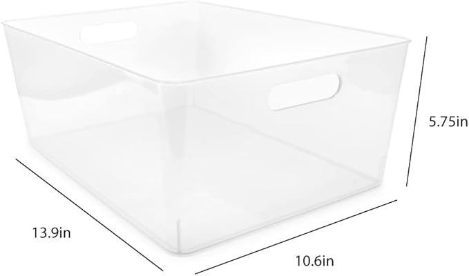 Isaac Jacobs 3-Pack XL Clear Storage Bin (13.9” x 10.6” x 5.75”) Set w/Cut-Out Handles, Plastic Organizer, Multi-Use, Home, Office, Pantry, Closet, Kitchen